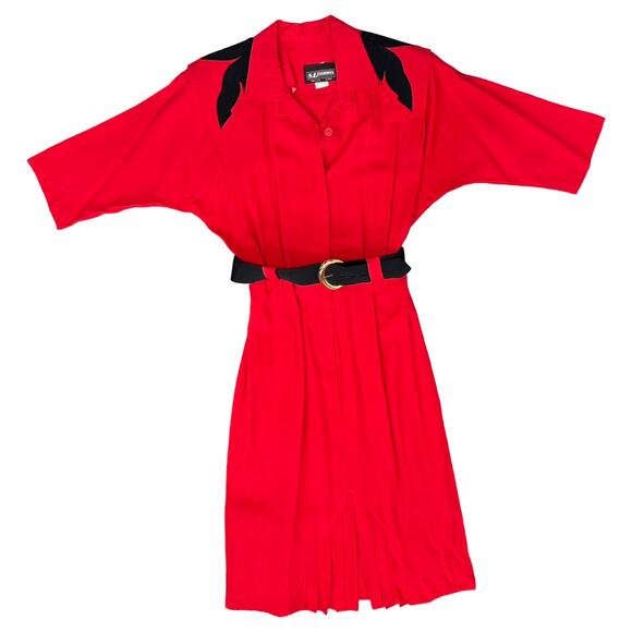 Vintage 80s Red Black Collared Belted Pleated Shoulder Pads Midi Dress size M - Picture 1 of 16